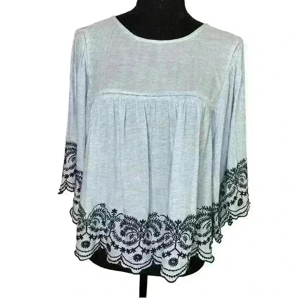 Zara Basics Stripes Embroidered Top 3/4 Sleeve Wide Sleeve - Picture 1 of 4
